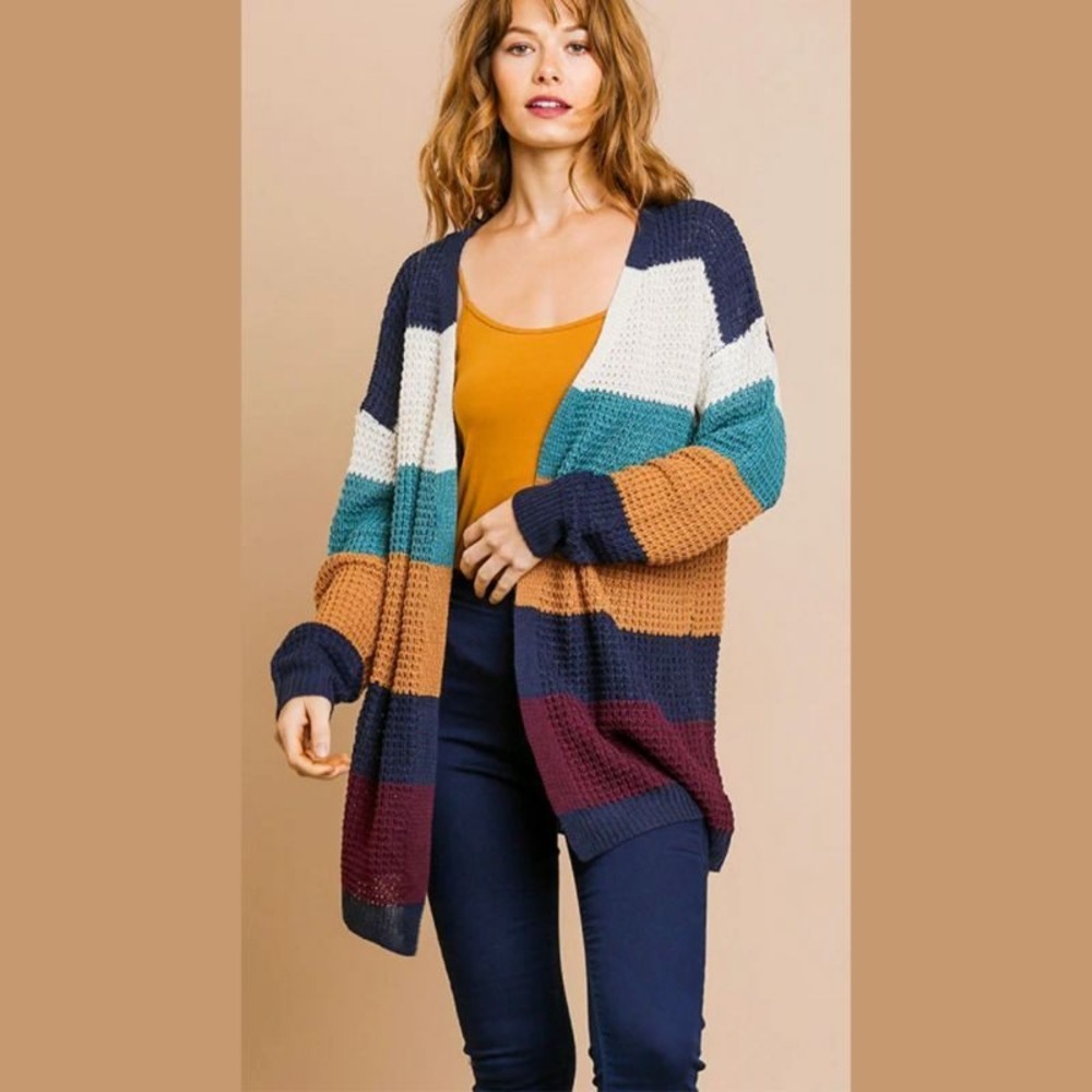 Umgee Size S Striped Waffle Knit Cardigan Sweater Multicolor Boho Oversized Cozy
